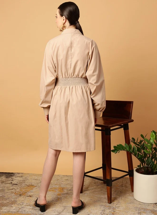 MINT STREET Beige Smocked Waist A-Line Dress for Women
