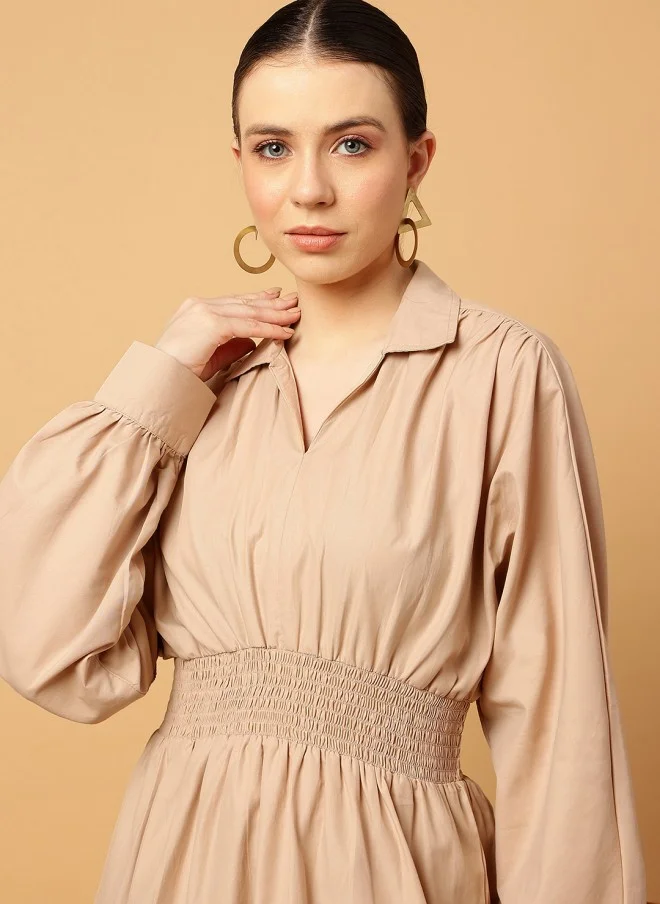 MINT STREET Beige Smocked Waist A-Line Dress for Women