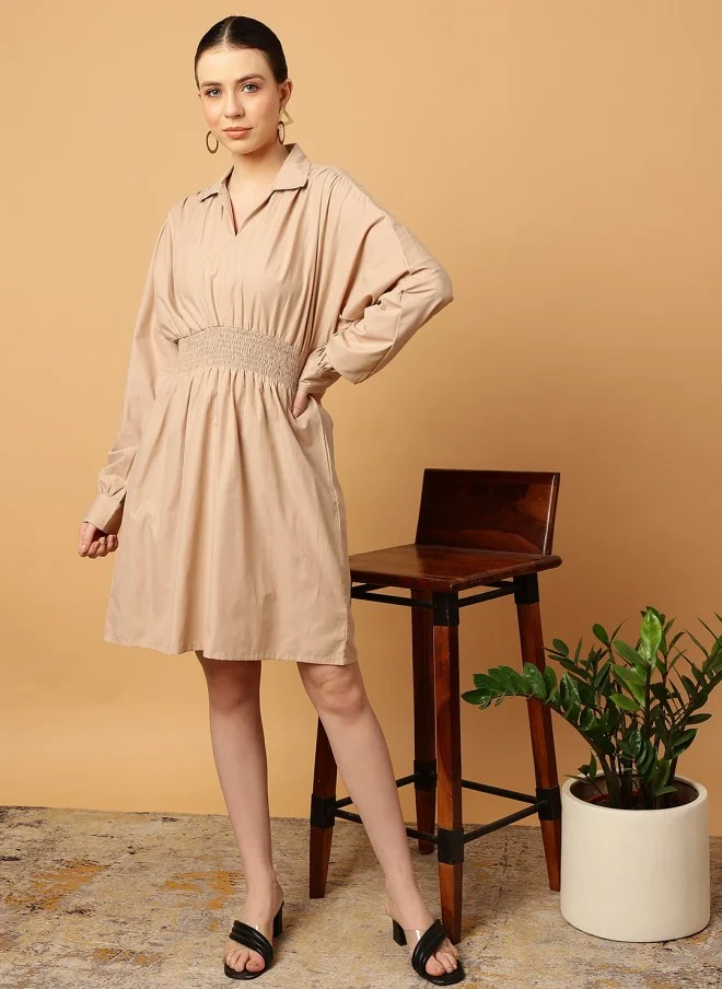 MINT STREET Beige Smocked Waist A-Line Dress for Women