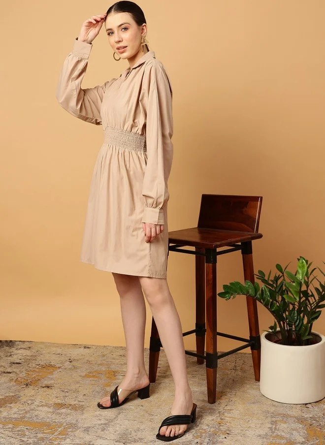 MINT STREET Beige Smocked Waist A-Line Dress for Women