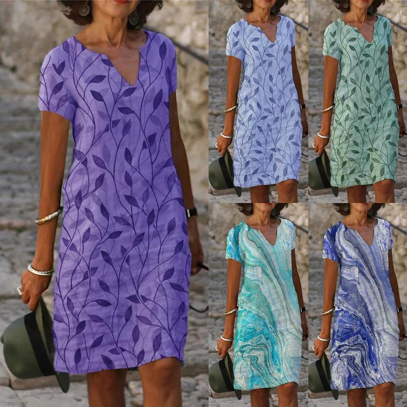 2022 European and American Women's Linen-Cotton Digital Print V-Neck Loose Dress - Image 1