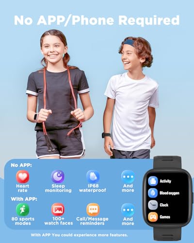 BIGGERFIVE Smart Watch for Kids, 1.8" Fitness Tracker Watch Pedometer, Heart Rate, IP68 Waterproof, Sleep Monitor, Calorie Step Counter, 5 Puzzle Games with/Without APP for Girls Boys Teens 5-16 - Image 2