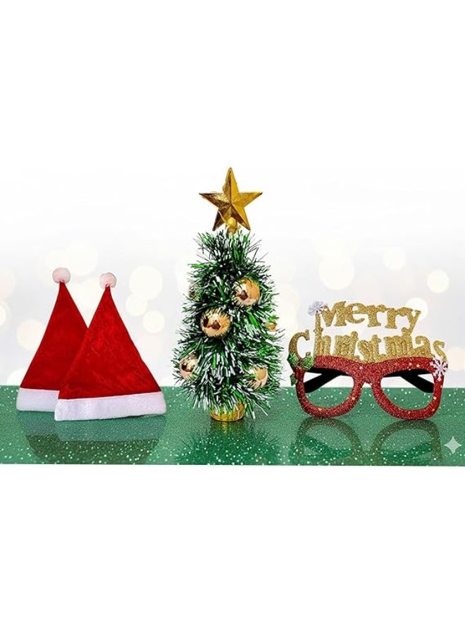 Happy Hugs Christmas Party Glasses with Santa Hat, Red and Gold Glitter Merry Christmas Design, Mini Tree Holiday Decoration Set