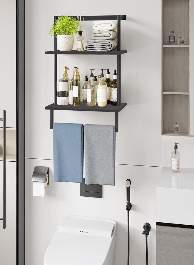 yeavs Wall Mounted Towel Rack for Bathroom, Bath Storage Holder 3-Tier Steel Wood Towel Shelf with Bar, Black - Image 2