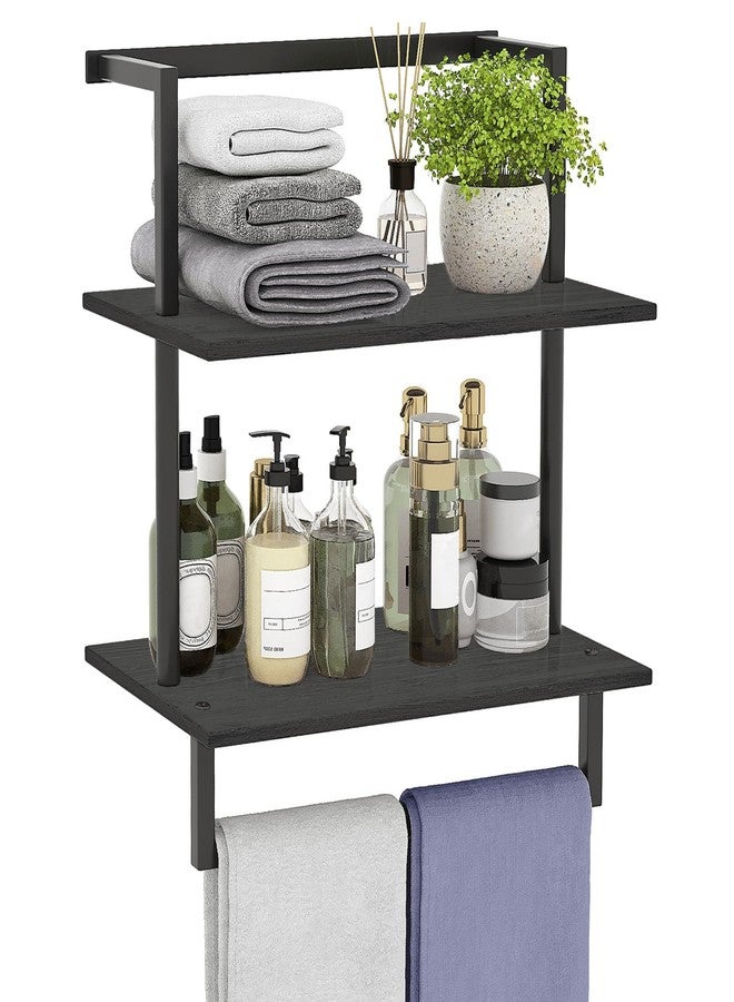 yeavs Wall Mounted Towel Rack for Bathroom, Bath Storage Holder 3-Tier Steel Wood Towel Shelf with Bar, Black - Image 1