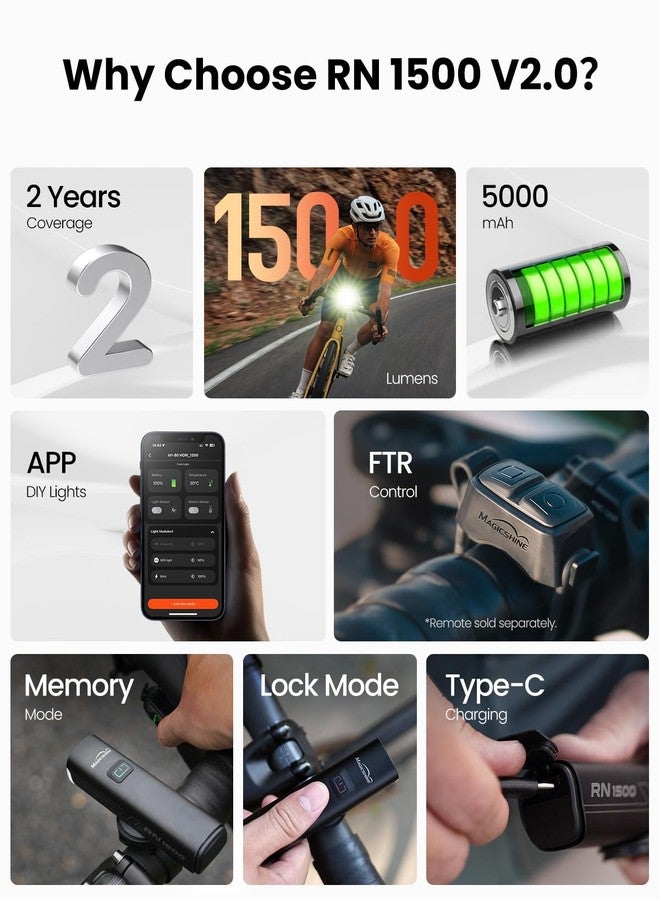 Magicshine RN1500 V2.0 1500Lumen Smart Bike Light, USB-C Rechargeable IPX7 Waterproof Cycling Front Light for Road Urban Mountain Biking Night Riding - Image 3