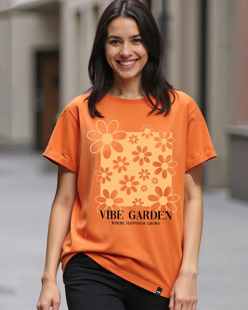 bewakoof Women's Caramel Orange Vibe Garden Graphic Printed Boyfriend T-shirt