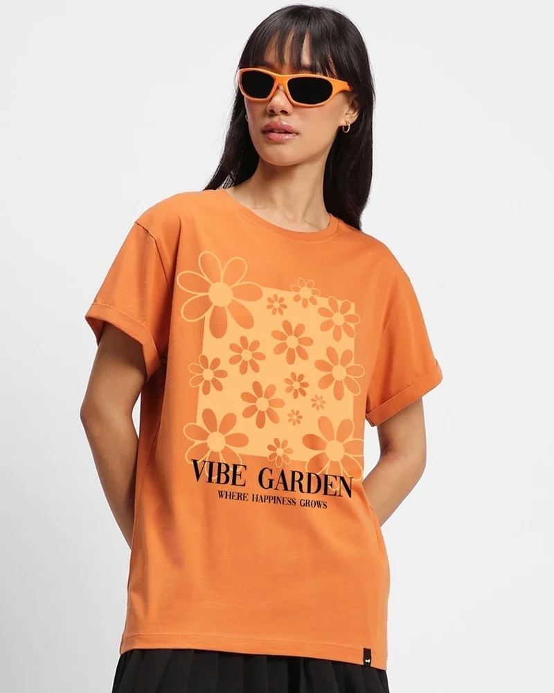 bewakoof Women's Caramel Orange Vibe Garden Graphic Printed Boyfriend T-shirt