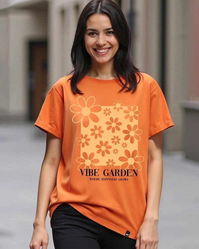 bewakoof Women's Caramel Orange Vibe Garden Graphic Printed Boyfriend T-shirt