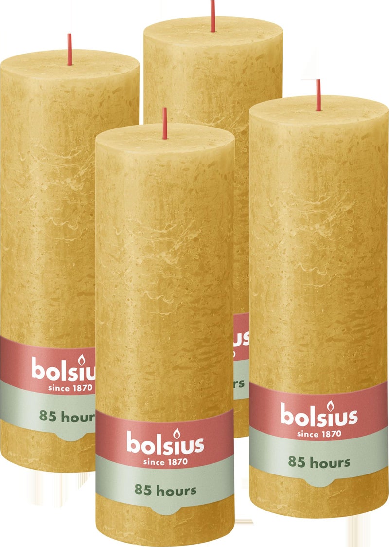Bolsius Rustic Pillar Candle  Yellow  Pack of 4  Long Burning Time of 85 Hours  Household Candle  Interior Decoration  Unscented  Natural Vegan Wax  No Palm Oil  19 x 7 cm