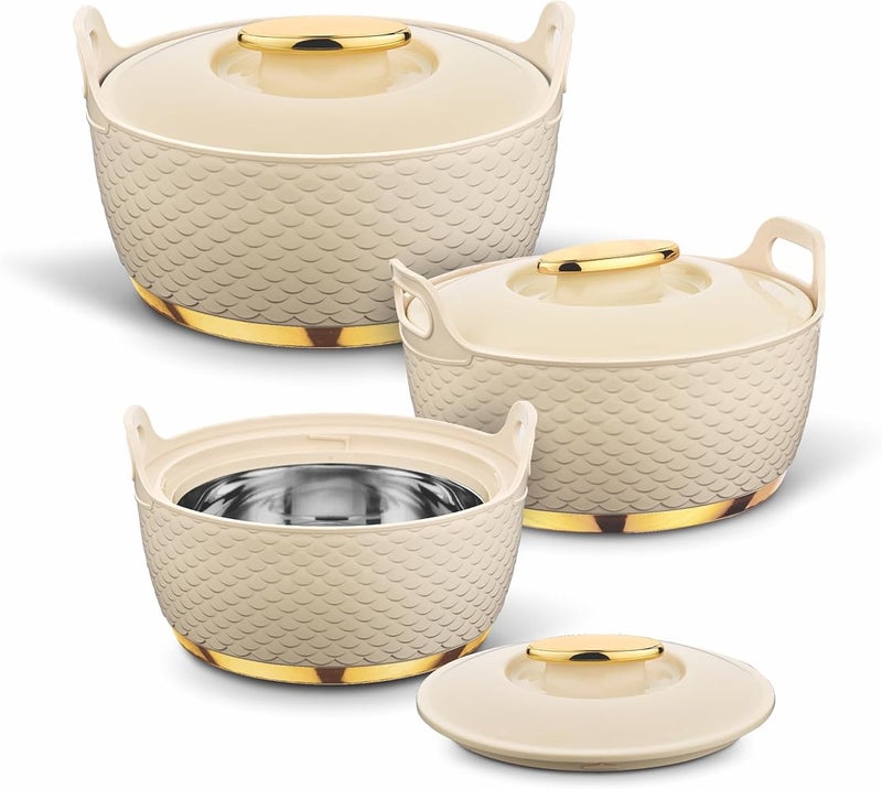 أسيان مجموعة Asian Majestic Gold Cass Dlx Set3 (1500+2500+3500) - متنوعة حساء ساخن بعزل من البولي يوريثان عالي الجودة مع هيكل داخلي من الفولاذ المقاوم للصدأ أطباق تقديم مزودة بأغطية حاويات تخزين للطعام الساخن وأجهزة تدفئة - Image 2