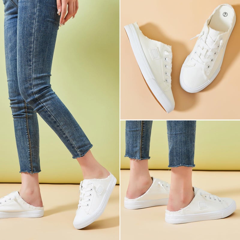 BENPAO Womens Canvas Mules White Slip on Fashion Sneakers Black Loafers Comfortable Casual Shoes for Women(White,US8.5) - Image 2