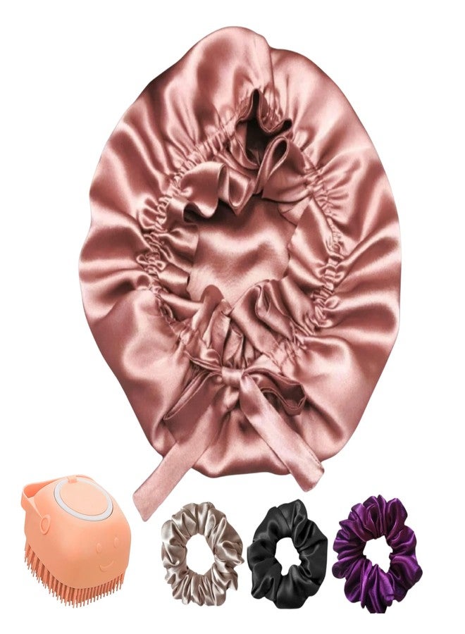 Atrube SatinSilkBonnet Reversible Sleep Cap with Adjustable tie Band Head wrap for Sleeping Hair Cover Women with Scrunchies and Comb Shower cap | Satin Hair Wrap Silkbonnet for Hair rose gold - Image 2