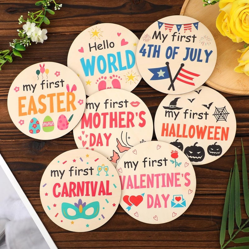 XIHIRCD 7pcs My First Holiday Baby Milestones Cards My 1st Signs of 14 Holidays Wooden Circles New Baby Sign Double Sided Baby Discs Announcement Newborn Photo Props for Baby Shower Party Supplies Gift - Image 5