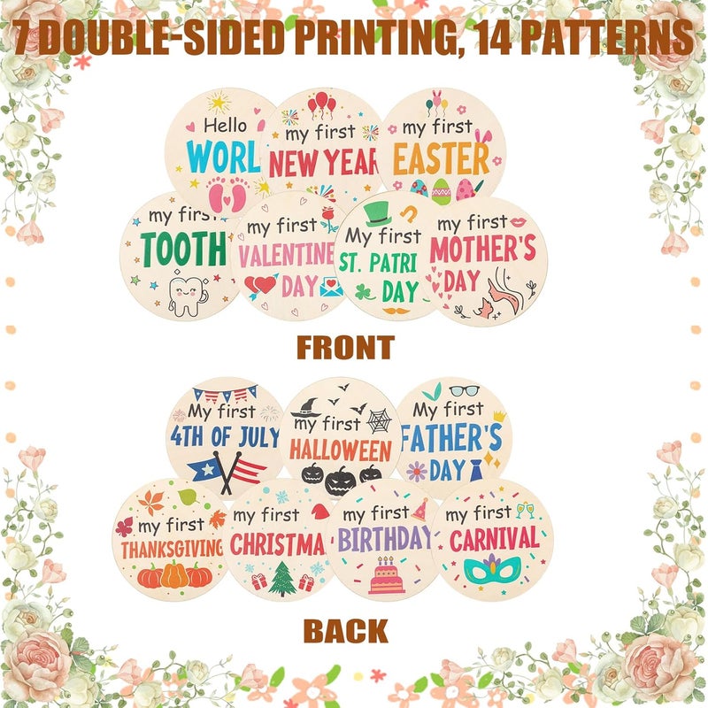 XIHIRCD 7pcs My First Holiday Baby Milestones Cards My 1st Signs of 14 Holidays Wooden Circles New Baby Sign Double Sided Baby Discs Announcement Newborn Photo Props for Baby Shower Party Supplies Gift - Image 3