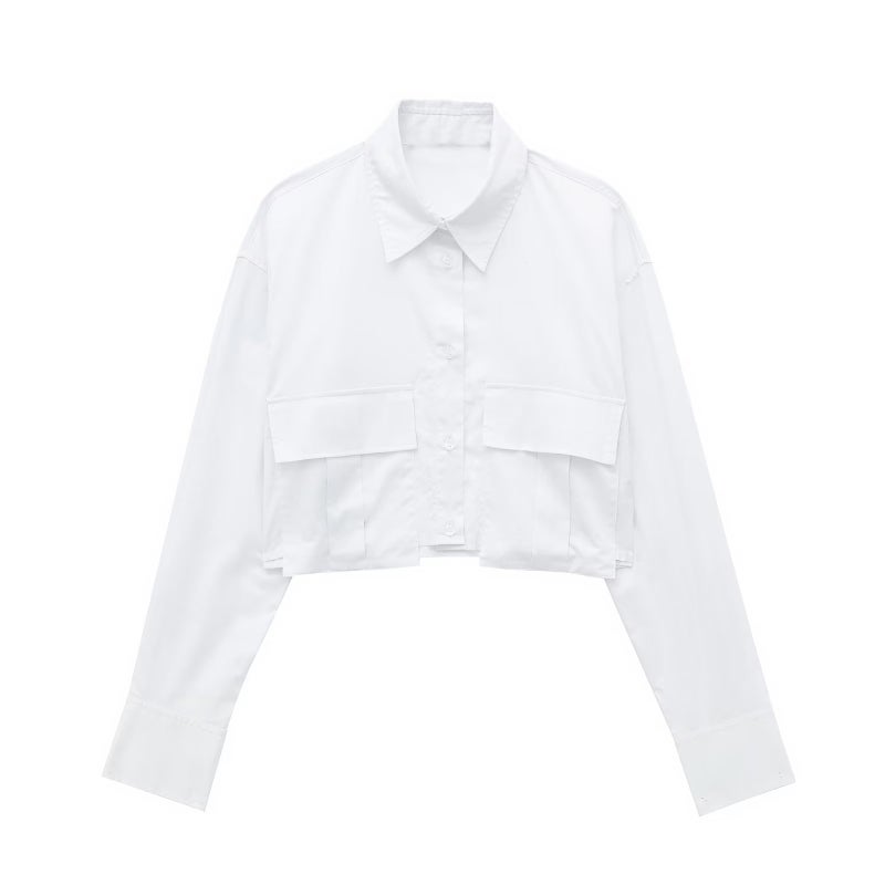 Spring 2024 new European and American cross-border womens clothing street fashion windbreaker fabric short solid color lapel long sleeve shirt Black  - Image 3