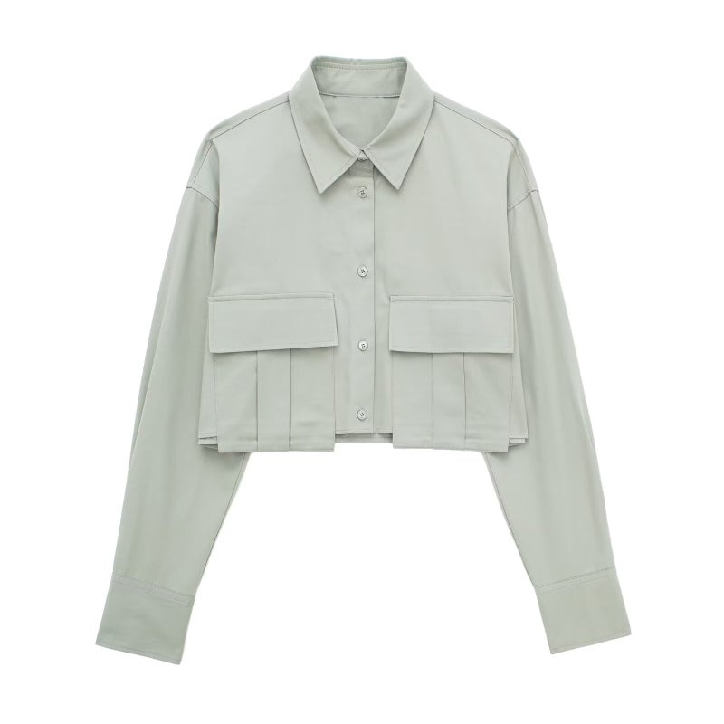 Spring 2024 new European and American cross-border womens clothing street fashion windbreaker fabric short solid color lapel long sleeve shirt Black  - Image 2
