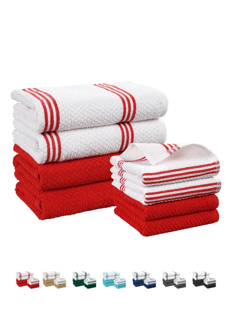 Cloud Scape Linen Terry Kitchen Towel and Dish Cloth Set-Pack of 8,Super Absorbent, Quick Drying Hand Towels, Red  - Image 1