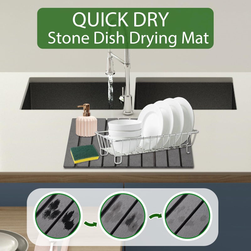 Oxydrily Stone Dish Drying Mat for Kitchen Counter,Large Dark Gray Foldable Diatomaceous Earth Dish Drying Mat,Quick-Dry Absorbent Bath & Countertop Stone Dishes Mats for Dishes Bottles Cups 23"x15.3" - Image 2