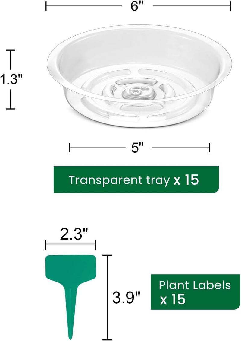 GROWNEER 15 Packs 6 Inches Clear Plant Saucers Flower Pot Trays, with 15 Pcs Plant Labels, Plastic Plant Saucer Drip Trays for Indoor Outdoor Plants Garden - Image 3