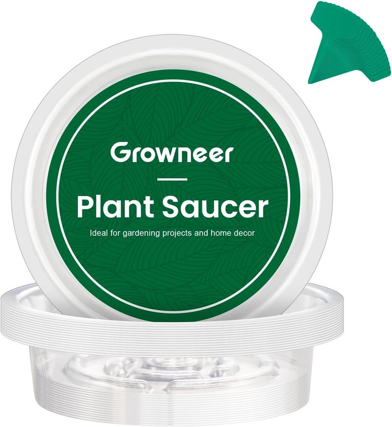 GROWNEER 15 Packs 6 Inches Clear Plant Saucers Flower Pot Trays, with 15 Pcs Plant Labels, Plastic Plant Saucer Drip Trays for Indoor Outdoor Plants Garden - Image 1