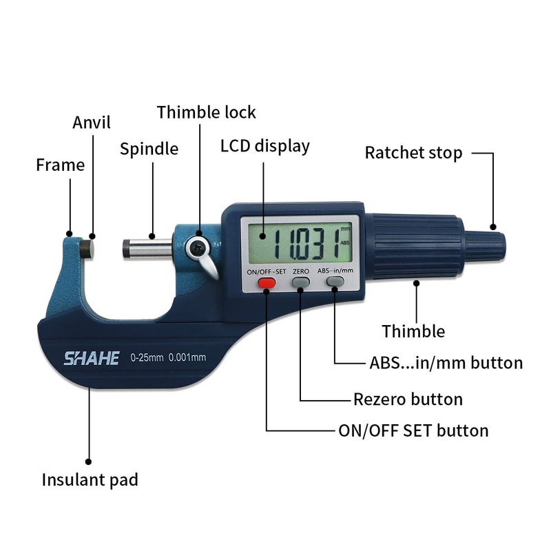 SHAHE Digital Micrometer 0-25mm / 0-1" Metric & Inch, 0.00005" Resolution, 0.0001" Accuracy - Image 2