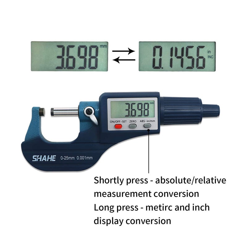 SHAHE Digital Micrometer 0-25mm / 0-1" Metric & Inch, 0.00005" Resolution, 0.0001" Accuracy - Image 3