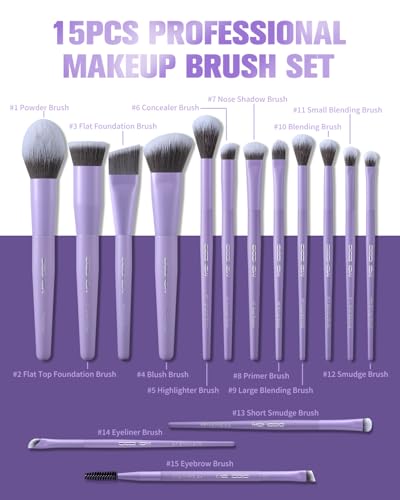 EIGSHOW Makeup Brushes Set 15Pcs Professional Make Up Brush with Silver Ion Bristles for Foundation Powder Blush Highlighter Concealer Eyeshadow Eyeliner Travel Gift Set Matte Purple - Image 3