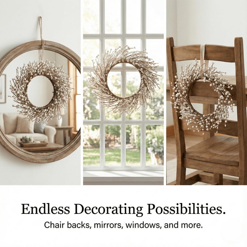 Quixem 15" Cream Pip Berry Mini Wreath (4.5" Inner Dia), Rustic Ivory Artificial Wreath Ring for 3" Pillars, Small Farmhouse Kitchen Cabinet Decor, Wedding Centerpiece - Image 4