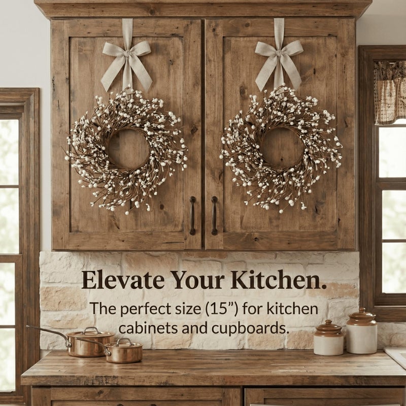 Quixem 15" Cream Pip Berry Mini Wreath (4.5" Inner Dia), Rustic Ivory Artificial Wreath Ring for 3" Pillars, Small Farmhouse Kitchen Cabinet Decor, Wedding Centerpiece - Image 2