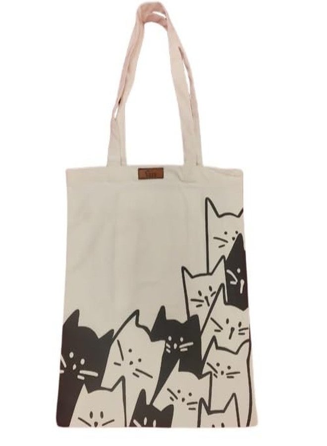 VARA Canvas Tote Bag with Cat Print, Natural Beige, Reusable Shopping Bag - Image 1