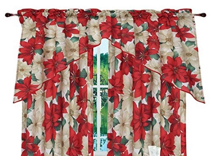 DECORATIVE CHRISTMAS PRINTED POINSETTIA FLORAL DESIGN 3 PIECE KITCHEN CURTAIN SET