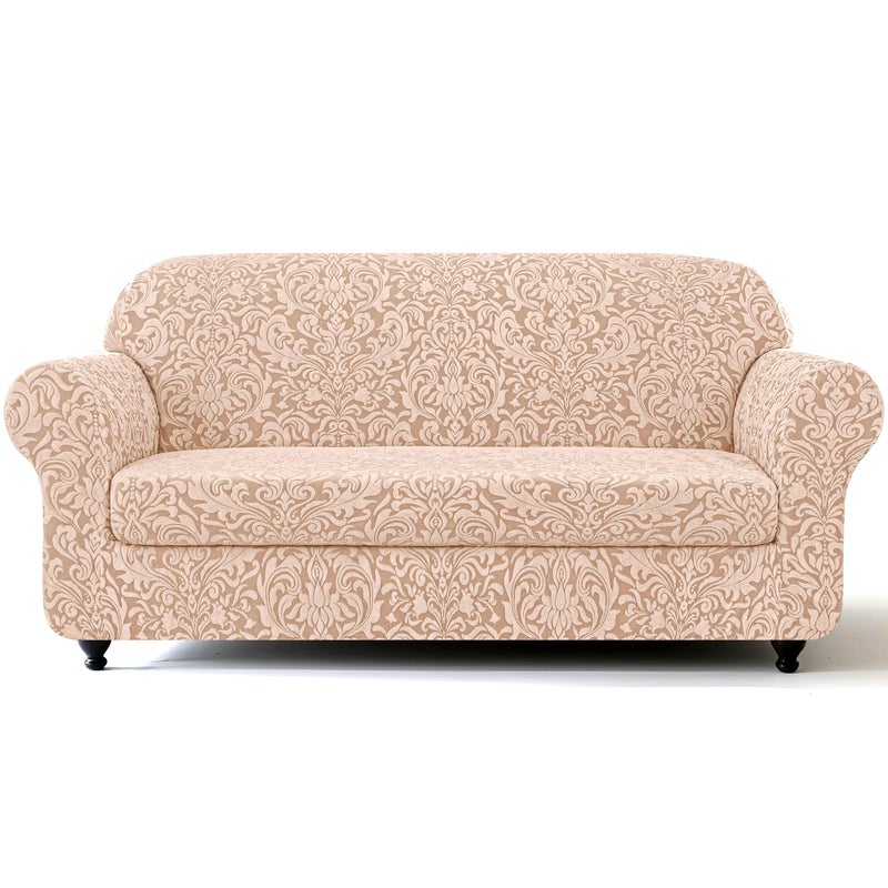 SUBRTEX 2 Piece Couch Covers, Jacquard Damask 3 Seater Sofa Cover with Seat Cushion, Stretch Sofa Slipcovers Non Slip Furniture Protector for Dogs Pets (Large, Oatmeal) - Image 1