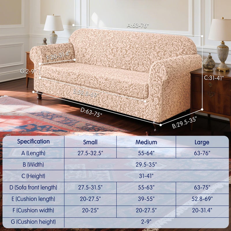 SUBRTEX 2 Piece Couch Covers, Jacquard Damask 3 Seater Sofa Cover with Seat Cushion, Stretch Sofa Slipcovers Non Slip Furniture Protector for Dogs Pets (Large, Oatmeal) - Image 2