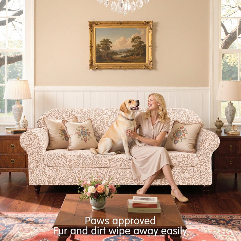 SUBRTEX 2 Piece Couch Covers, Jacquard Damask 3 Seater Sofa Cover with Seat Cushion, Stretch Sofa Slipcovers Non Slip Furniture Protector for Dogs Pets (Large, Oatmeal) - Image 4