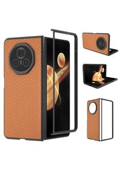 For Honor Magic V3 Black Frame Carbon Fiber Texture PU Phone Case(Brown)