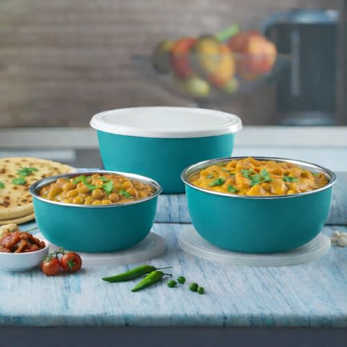 Zaib Microwave Safe Stainless Steel Food Storage Container with Lid | Euro Mixing Bowl Set for Kitchen | 500ml, 750ml, 1250ml | Pack of 3 | Reheatable, Leak-Proof, BPA-Free (3 Plain Turquoise) - Image 5