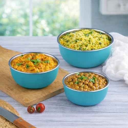 Zaib Microwave Safe Stainless Steel Food Storage Container with Lid | Euro Mixing Bowl Set for Kitchen | 500ml, 750ml, 1250ml | Pack of 3 | Reheatable, Leak-Proof, BPA-Free (3 Plain Turquoise) - Image 2