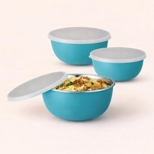 Zaib Microwave Safe Stainless Steel Food Storage Container with Lid | Euro Mixing Bowl Set for Kitchen | 500ml, 750ml, 1250ml | Pack of 3 | Reheatable, Leak-Proof, BPA-Free (3 Plain Turquoise) - Image 1