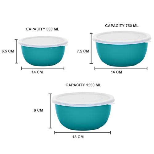 Zaib Microwave Safe Stainless Steel Food Storage Container with Lid | Euro Mixing Bowl Set for Kitchen | 500ml, 750ml, 1250ml | Pack of 3 | Reheatable, Leak-Proof, BPA-Free (3 Plain Turquoise) - Image 3