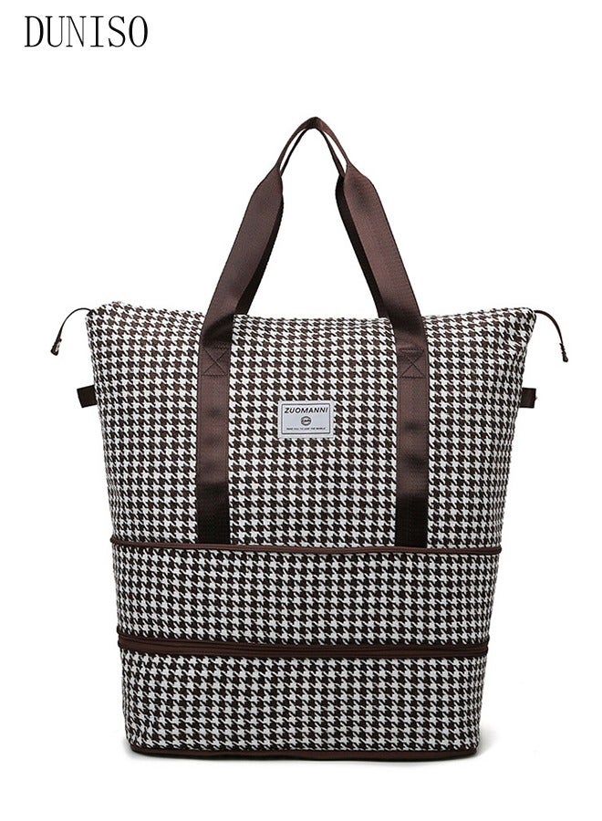 DUNISO حقيبة سفر قابلة للتوسيع وحقائب نهاية الأسبوع للنساء حقيبة رياضية كبيرة مقاومة للماء وحقيبة رياضية للصالة الرياضية وحقيبة حمل طوال الليل (لون القهوة) - Image 3