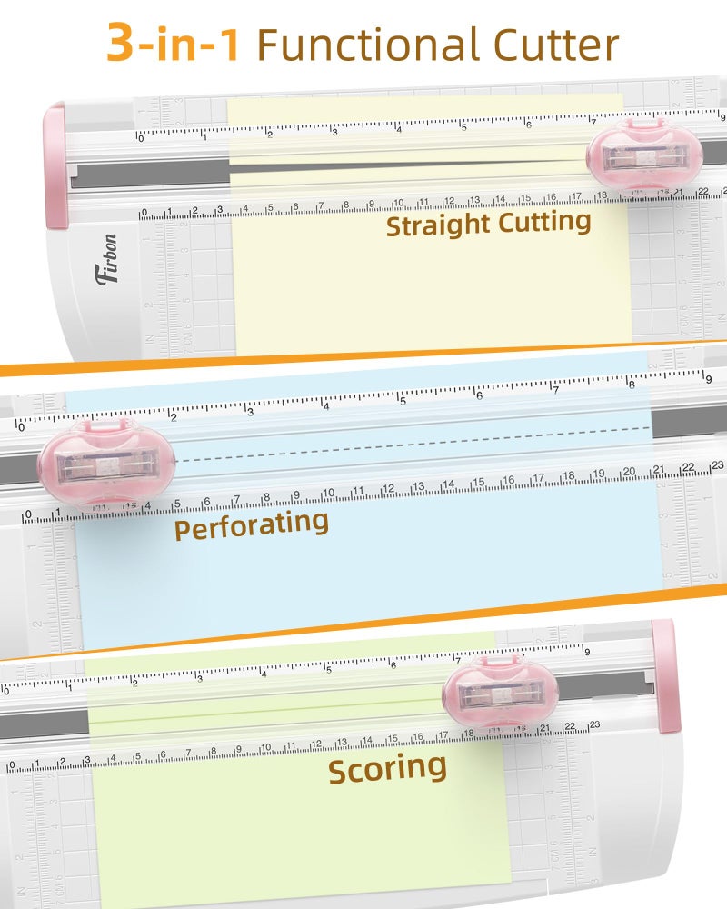 Firbon 3-in-1 Paper Cutter, 9" Compact A5 Paper Trimmer with Straight Cut, Scoring & Perforating Blades for Cardstock, Scrapbooking, Crafting, Labels & Home Office (Pink) - Image 2