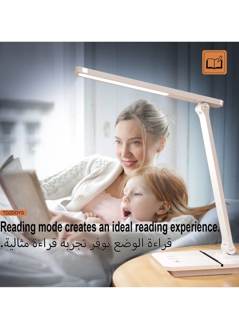 مصباح مكتب LED للمكتب المنزلي، ضوء قراءة مريح للعين مع 3 أوضاع ألوان، قابل للتعتيم، مؤقت ووضع القراءة، منفذ USB لمهام مثل القراءة والخياطة والحرف اليدوية واللوازم المدرسية والألغاز