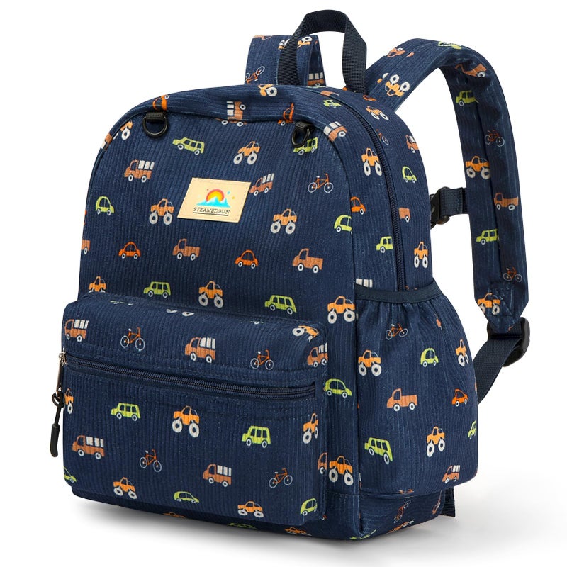 STEAMEDBUN Corduroy Toddler Backpack for Boys 2-4: Kids backpack for Boys Girls - 12 inch Preschool Kindergarten Backpacks - Car - Image 1