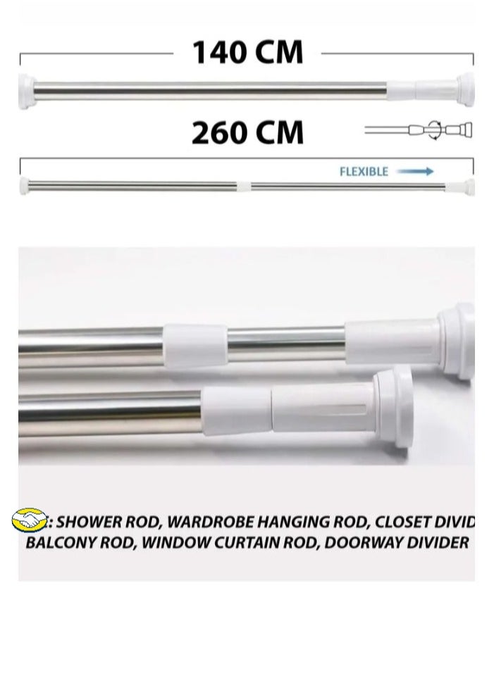 Shopping Point Adjustable Telescopic Curtain Rod Rust-Resistant Aluminum 140-260cm Extendable Non-Slip Tension Rod for Shower Closet Balcony & Living Room No Drilling Required  - Image 2