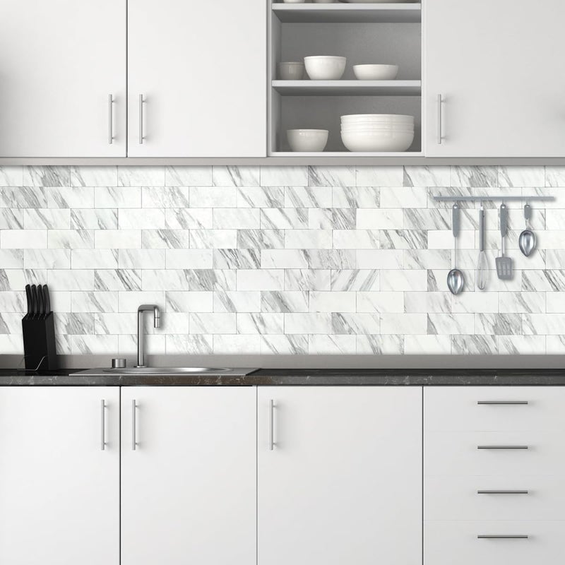 AULIGET 100-Piece White Marble Look Peel and Stick Backsplash Wall Tiles, 3" x 6" PVC Faux Stone Stick on Tile for Backsplash Kitchen, Bathroom, Laundry Room, Camper, Fireplace - Image 2