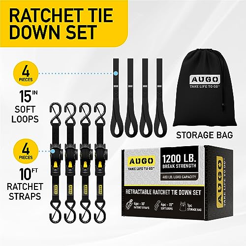 AUGO Retractable Ratchet Straps | 4 Heavy Duty Ratchet Straps Self Retractable Tie Down Straps with Soft Loops & Storage Bag for Motorcycle, Truck, Trailer, Cargo Van | 1200 Lb Break Strength 1” x 10’ - Image 4