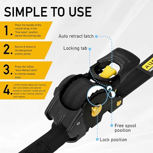 AUGO Retractable Ratchet Straps | 4 Heavy Duty Ratchet Straps Self Retractable Tie Down Straps with Soft Loops & Storage Bag for Motorcycle, Truck, Trailer, Cargo Van | 1200 Lb Break Strength 1” x 10’ - Image 5