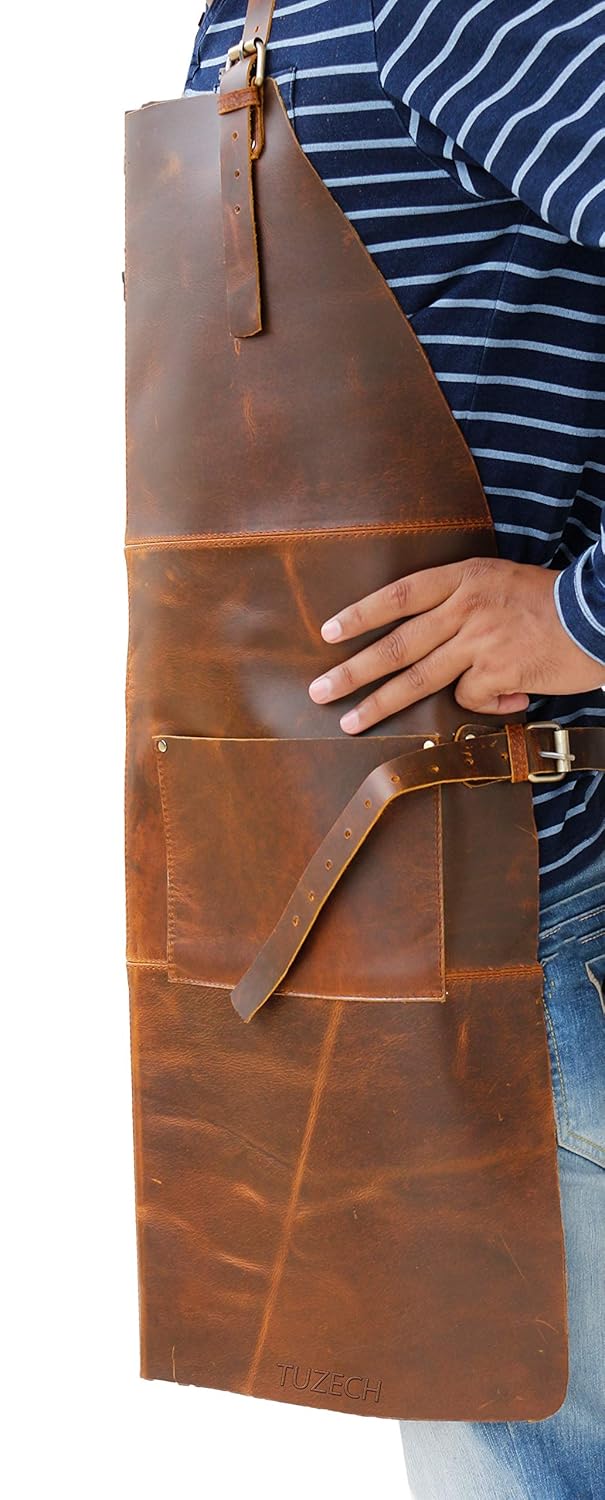 Tuzech Durable Leather Apron Utility/Tool Pockets/Adjustable/Chef/Butcher/Metalworker/CarpenterBlacksmith Heavy Duty Handmade Adjustable Tool Apron for Woodworkers 30.5x23.5 Inches (Brown) (Double Pocket) - Image 3
