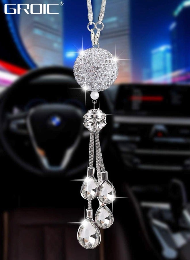 GROIC Bling Car Accessories, Rearview Mirror Ornaments, Car Rearview Mirror Hanging Accessories Car Decorations, Lucky Crystal Sun Catcher Ornament, Rear View Mirror Ball Charm - White - Image 1